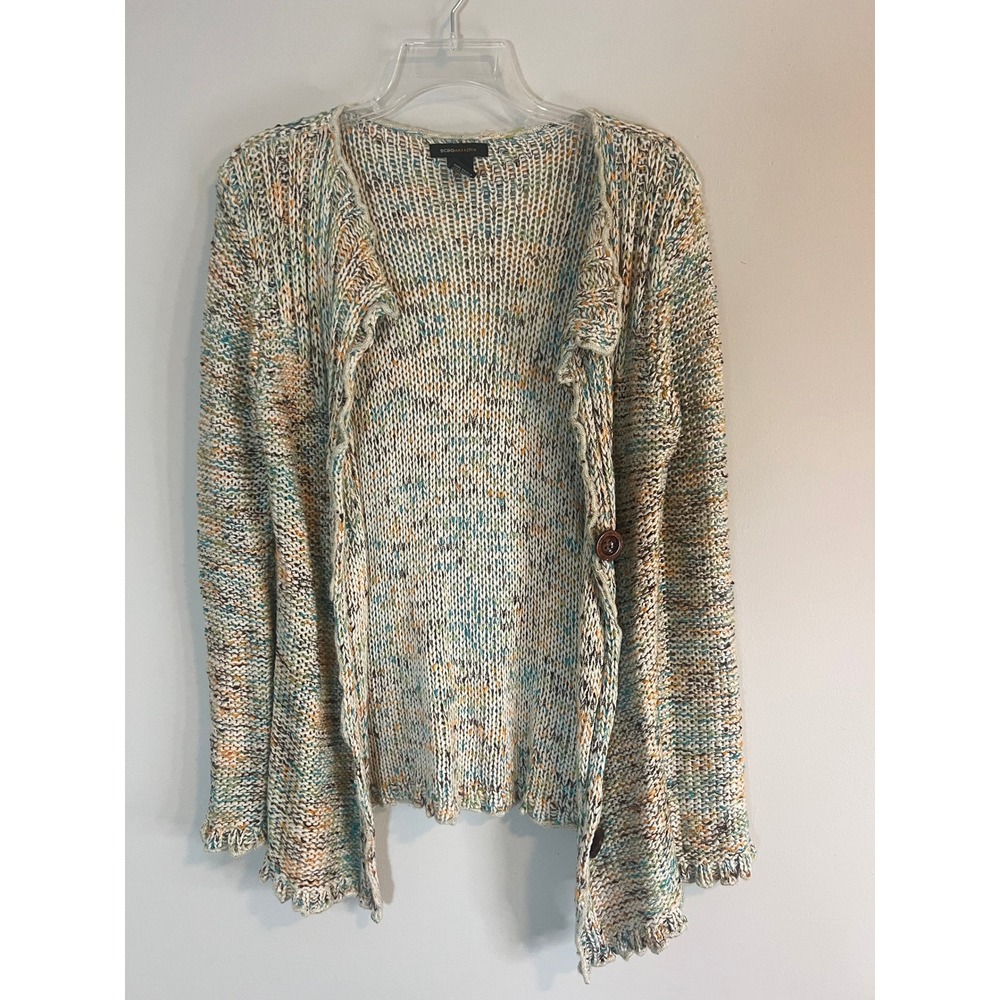 BCBGMAXAZRIA Womens Multicolor Space Dye Open Knit Button Cardigan Sweater L